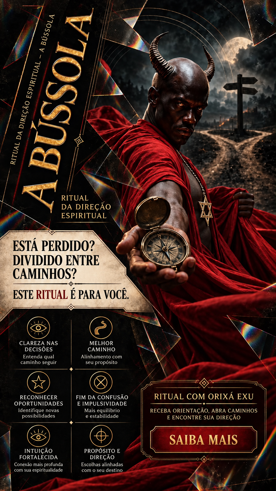 Flyer do ritual Ritual da Bússola — A Direção com Exu
