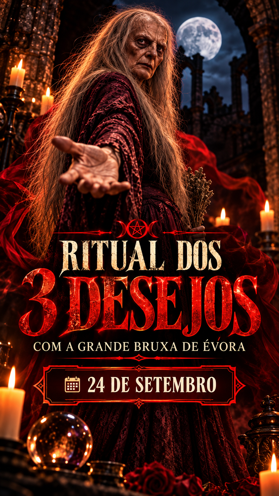 Flyer do ritual Ritual dos 3 Desejos com a Grande Bruxa de Évora